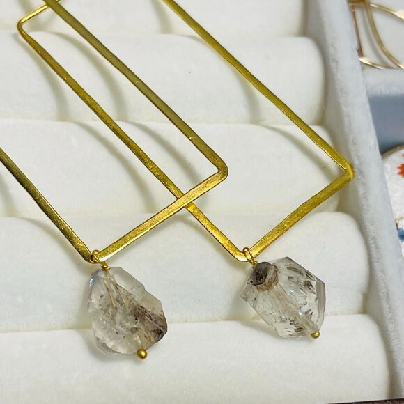 brass rectangle earrings w/ raw stone/crystal - Picture 6 of 11